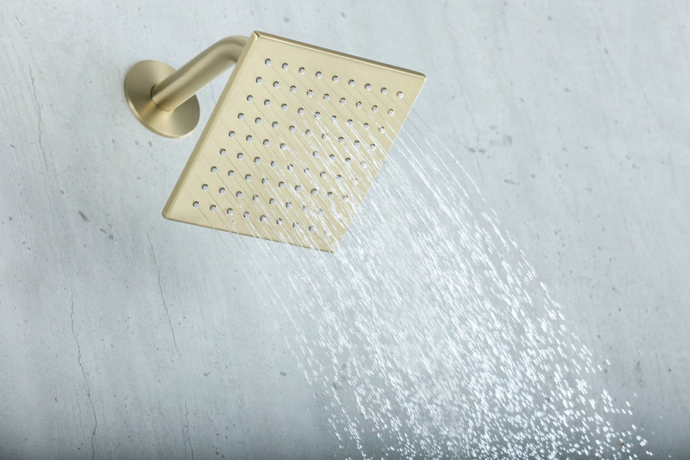 
                  
                    Brushed Gold rainfall shower head high pressure shower head 3 way thermostatic valve shower heads systems each function work at the same time and separately
                  
                