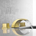 Brushed gold waterfall bathroom sink faucet spreadwide 3 holes 2 handles with pop up drain