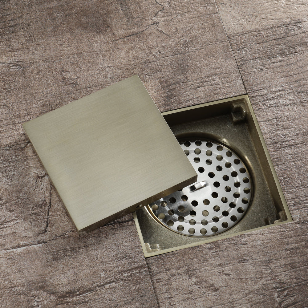 
                  
                    Brushed Gold 4-inch brass Shower Floor Drain with Removable Strainer Cover and Square Anti-clogging
                  
                