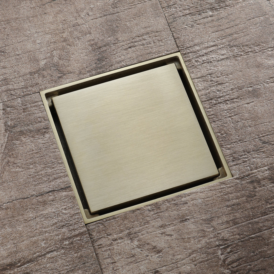 Brushed Gold 4-inch brass Shower Floor Drain with Removable Strainer Cover and Square Anti-clogging