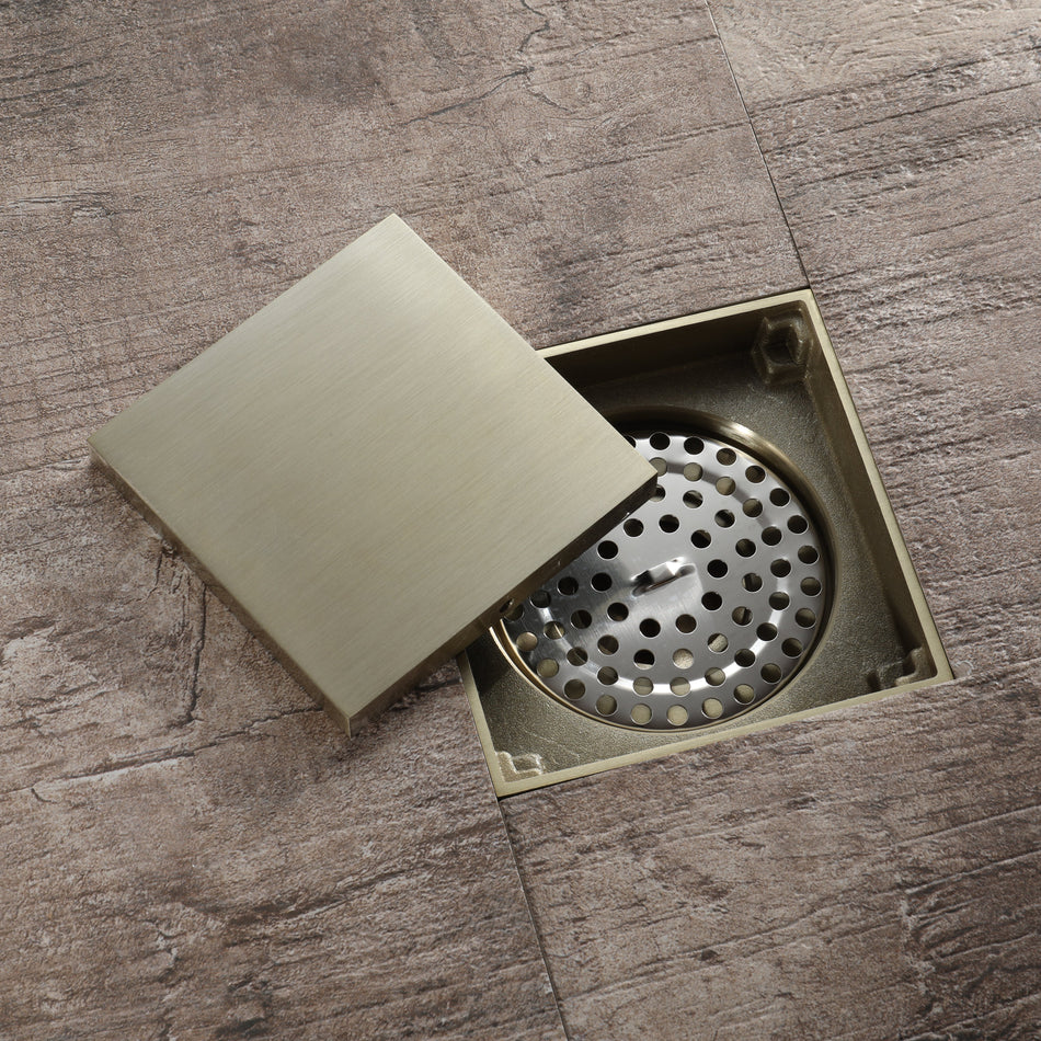 Brushed Gold 4-inch brass Shower Floor Drain with Removable Strainer Cover and Square Anti-clogging
