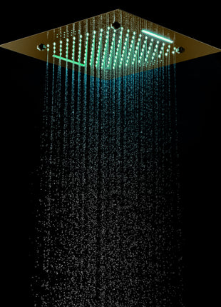 Brushed Gold 20 Inch Flushed Ceiling Mount Rainfall Waterfall Mist 64 LED Light Bluetooth Music Shower Head 5 Way Thermostatic Shower Faucet Set with Body Jets and Touch Panel