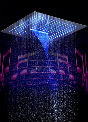 16inch 64 LED colors Matte Black Flushed in Bluetooth Music 4 Way Thermostatic Shower Faucet with 6 Body Jet