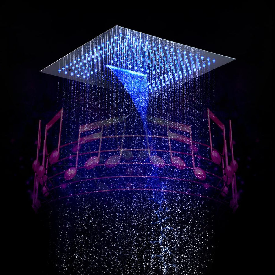 16inch 64 colors LED Chrome Flushed in Bluetooth Music  4 Way Thermostatic Shower Faucet with 6  Body Jet