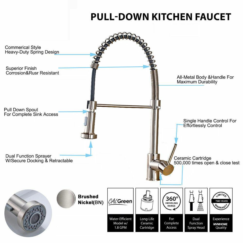 
                  
                    Brushed Nickel Pull Out Spray Spring Kitchen Sink Tap Single Lever Mixer Faucet
                  
                