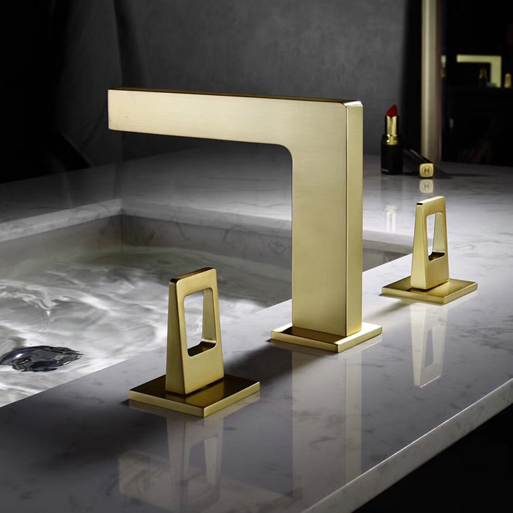 Brushed gold 3 holes 2 handle bathroom basin sink faucet with pop up overflow brass drain