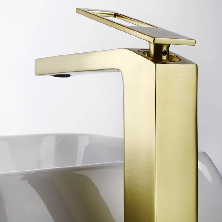 Brushed Gold Single Handle Bathroom Sink Faucet One Hole Deck Mount with pop up overflow brass drain