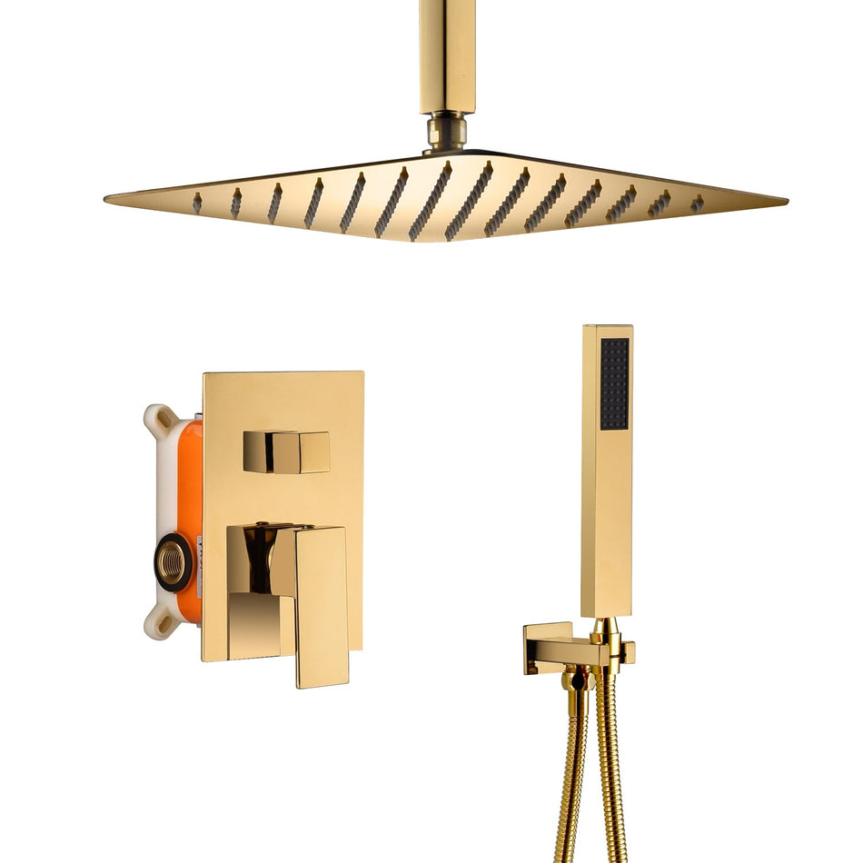 12 Inch Ceiling mounted Polished Gold Shower System Rough-in Valve Body and Trim