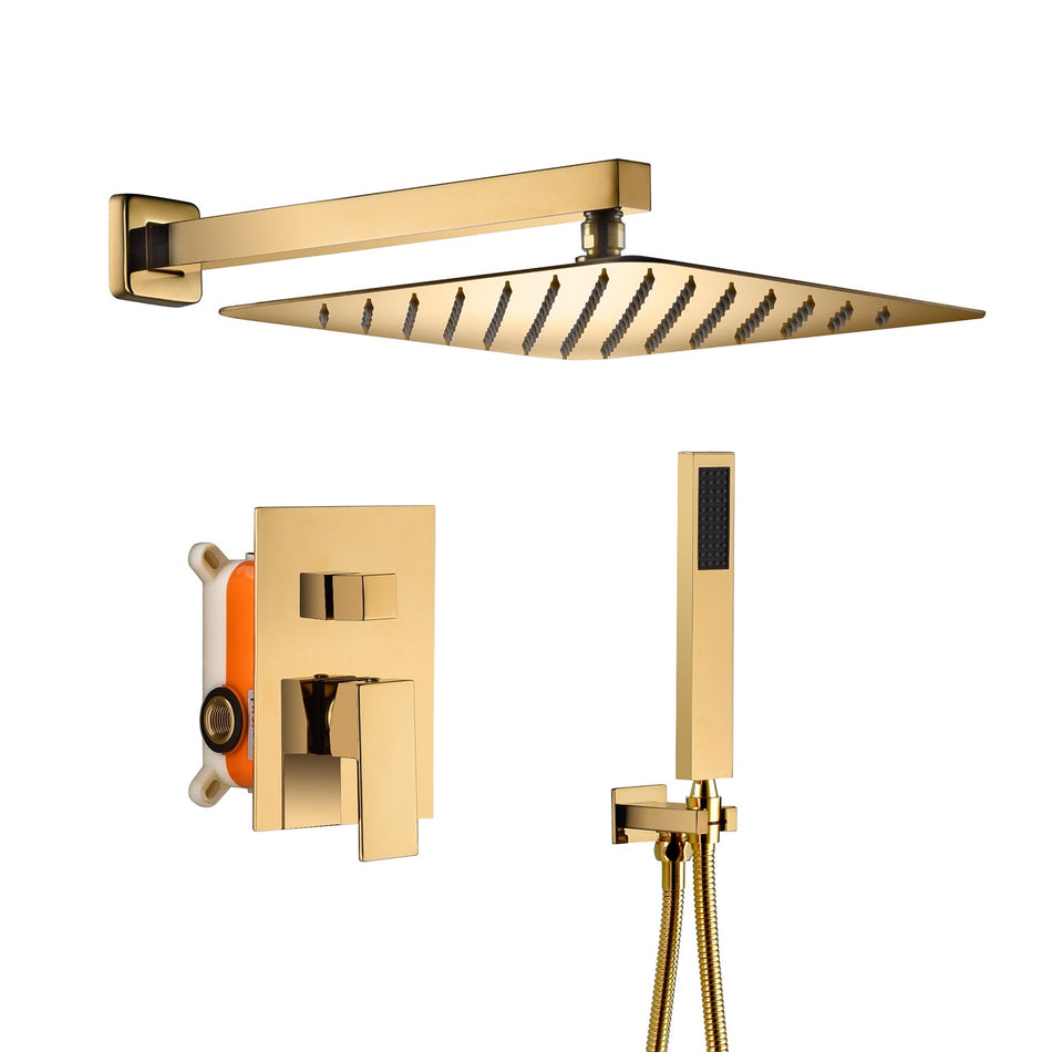 12 Inch wall Mount Polished Gold Shower System Rough-in Valve Body and Trim