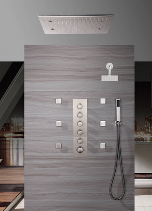 20 Inch Brushed nickel ceiling mount rainfall Mist shower systems 5 way thermostatic valve with 6 body jets and wall mount 6 inch regualr shower head