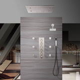 20 Inch Brushed nickel ceiling mount rainfall Mist shower systems 5 way thermostatic valve with 6 body jets and wall mount 6 inch regualr shower head