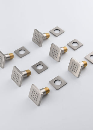 Brushed nickel 12 inch or 16 inch LED wall mount Rain Shower system with 6 body jets and 3 way Thermostatic valve that each function work all together and separately