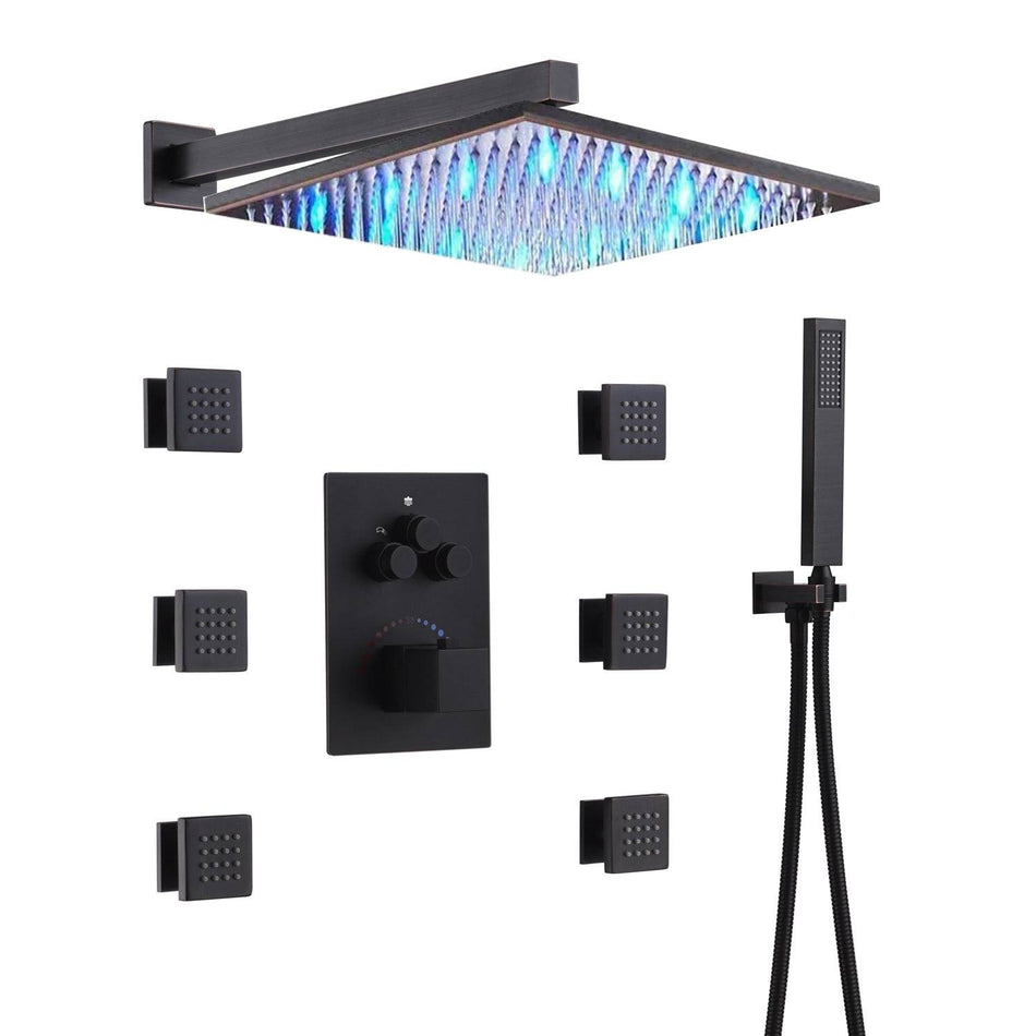 12 inch or 16 inch led light Wall Mounted Oil Rubbed Bronze 3 way thermostatic Shower Faucet System with 6 body jets