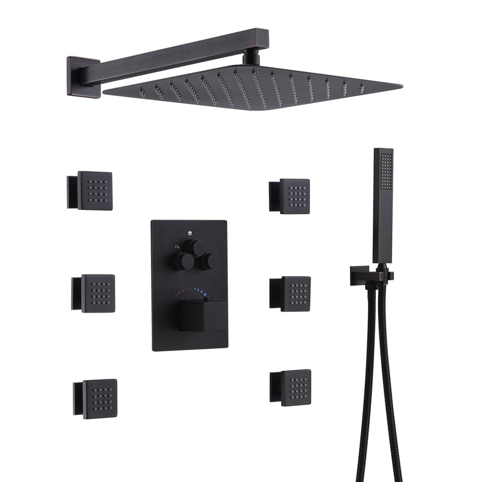 Oil Rubbed Bronze 3 way thermostatic Shower Faucet System with 6 body jets each function work at the same time and separately