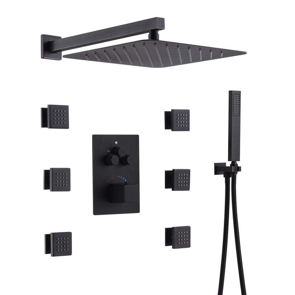
                  
                    Oil Rubbed Bronze 3 way thermostatic Shower Faucet System with 6 body jets each function work at the same time and separately
                  
                