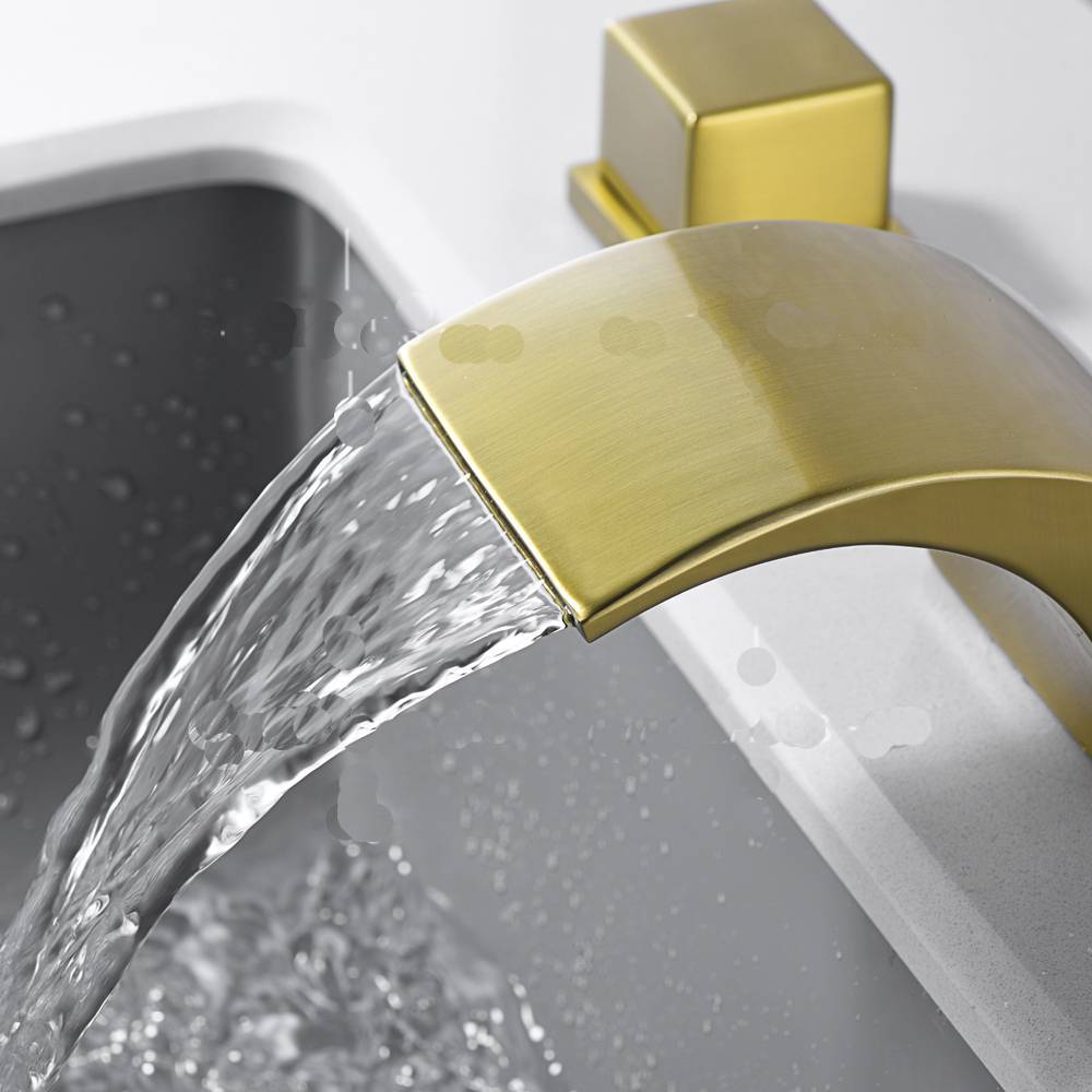 
                  
                    Brushed gold waterfall bathroom sink faucet spreadwide 3 holes 2 handles with pop up drain
                  
                
