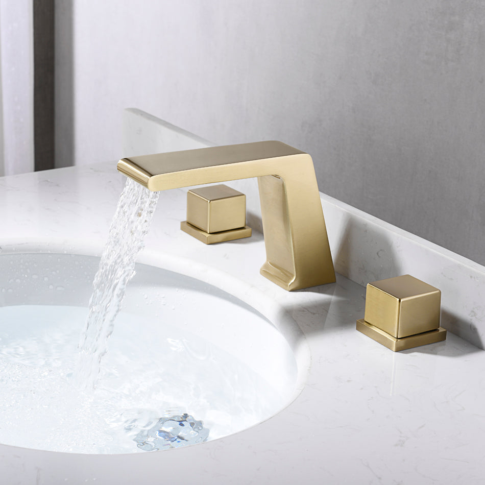 Brushed Gold bathroom sink fauct two handles 3 holes with pop up overflow brass drain