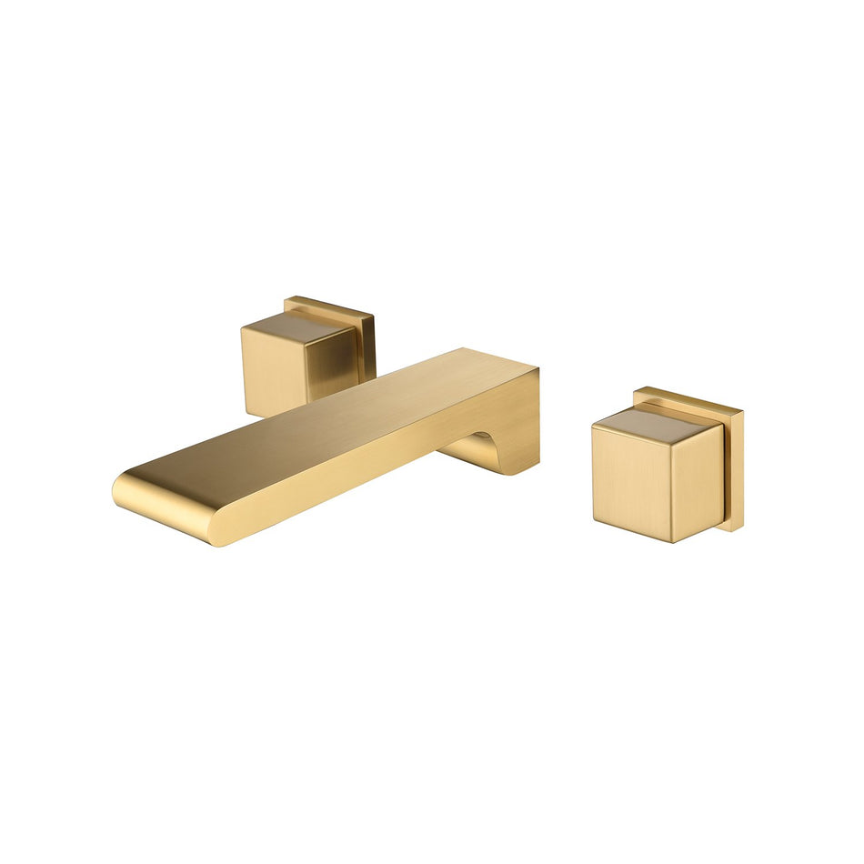 Brushed Gold waterfall Wall mount 3 holes two handles bathroom sink faucet with brass pop up overflow drain