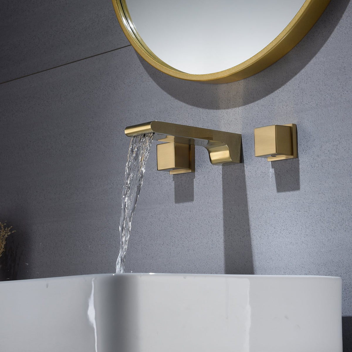 Brushed Gold waterfall Wall mount 3 holes two handles bathroom sink fa ...