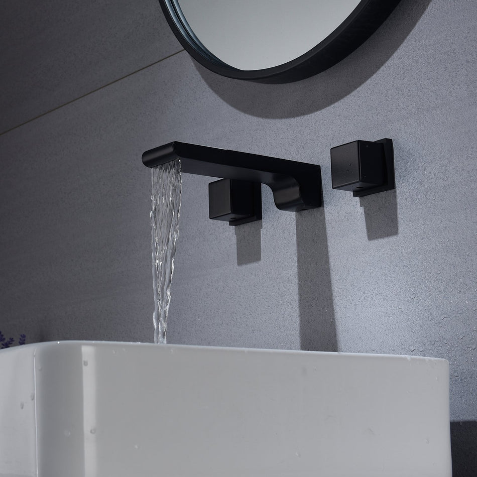 matte black waterfall wall mount bathroom sink faucet with overflow brass pop up drain