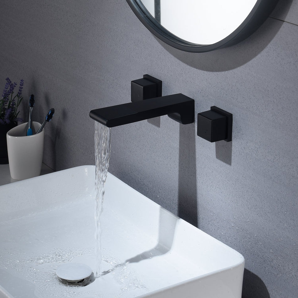 matte black waterfall wall mount bathroom sink faucet with overflow brass pop up drain