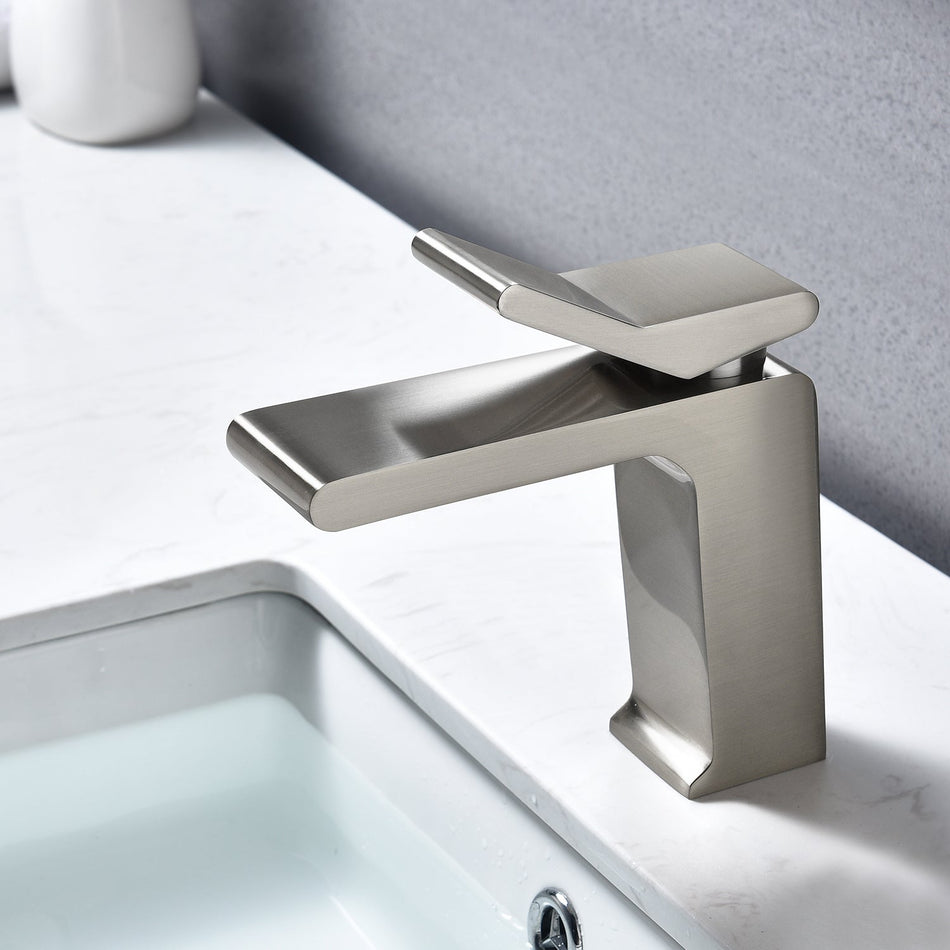 Brushed Nickel waterfall Single Handle Bathroom Sink Faucets with Brass Pop up Overflow Drain