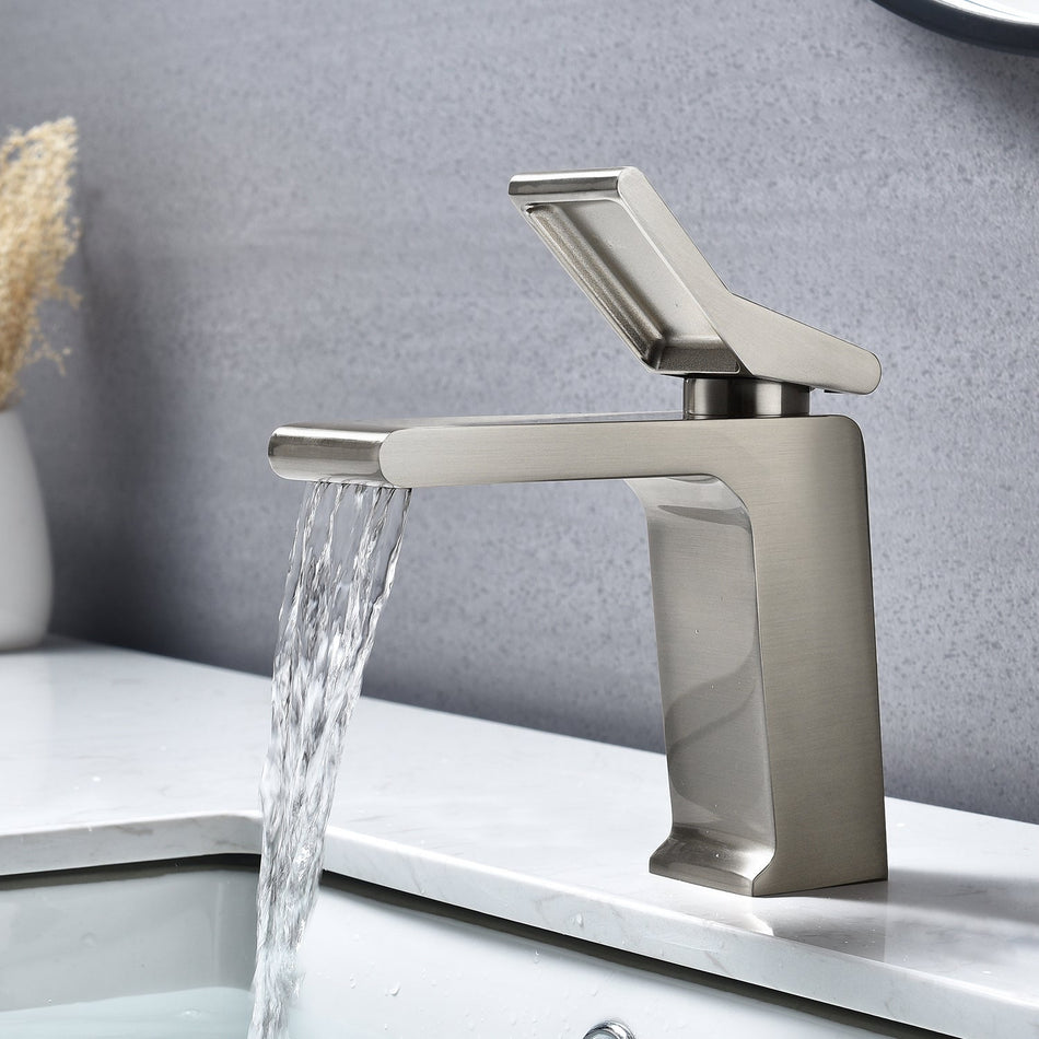 Brushed Nickel waterfall Single Handle Bathroom Sink Faucets with Brass Pop up Overflow Drain