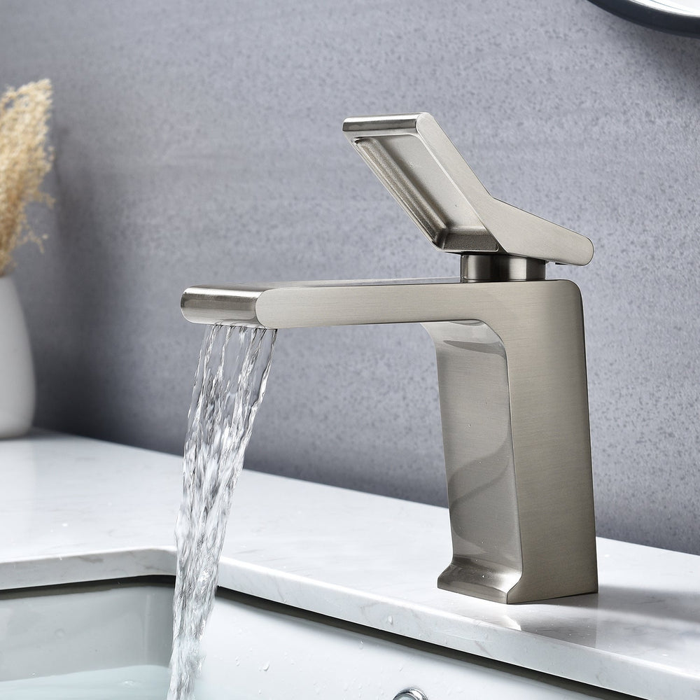 
                  
                    Brushed Nickel waterfall Single Handle Bathroom Sink Faucets with Brass Pop up Overflow Drain
                  
                