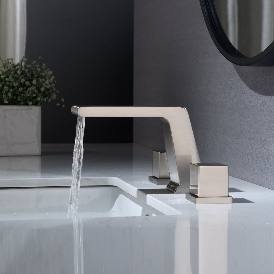 Widespread Bathroom Faucet 3 Hole, Brushed nickel Bathroom Faucet, waterfall Bathroom Sink Faucet, Drain Assembly Included