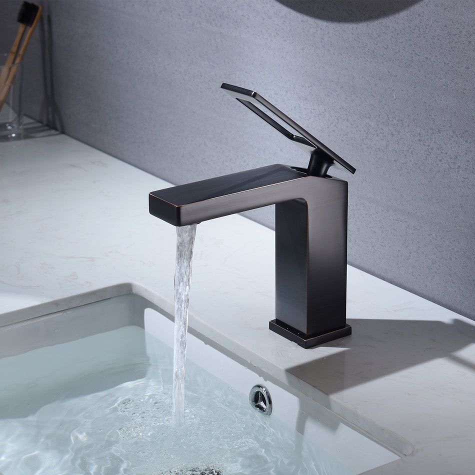 Oil Rubbered Bronze Bathroom Sink Faucet single handle with pop up overflow brass drain