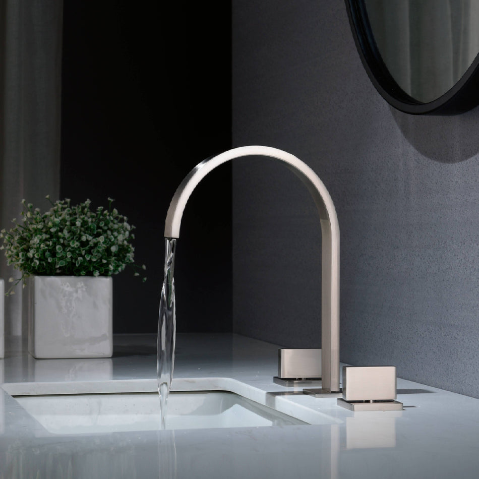 Brushed Nickel Two  Handles 3 holes Waterfall Bathroom Sink Faucets with Brass Pop up Overflow Drain