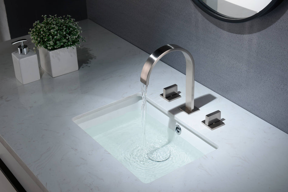 Brushed Nickel Two  Handles 3 holes Waterfall Bathroom Sink Faucets with Brass Pop up Overflow Drain