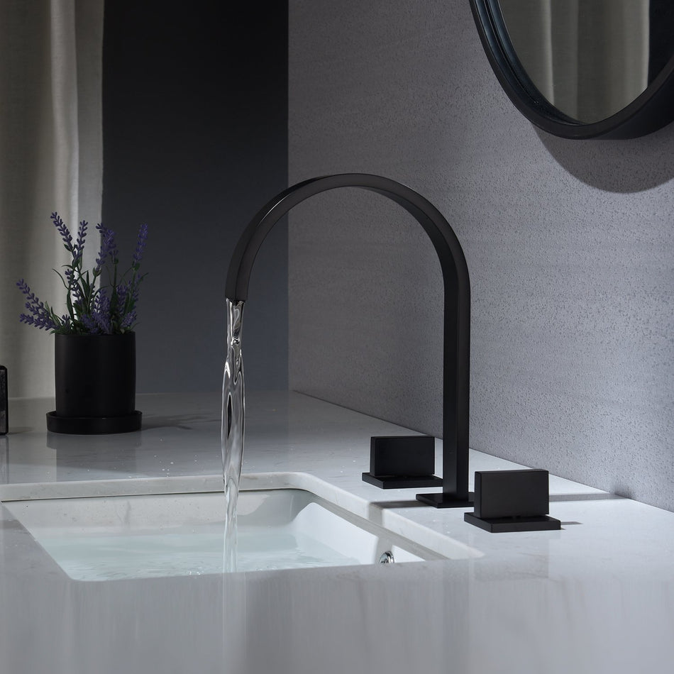 Matt Black waterfall three holes two handle bathroom basin faucet with pop up overflow brass drain