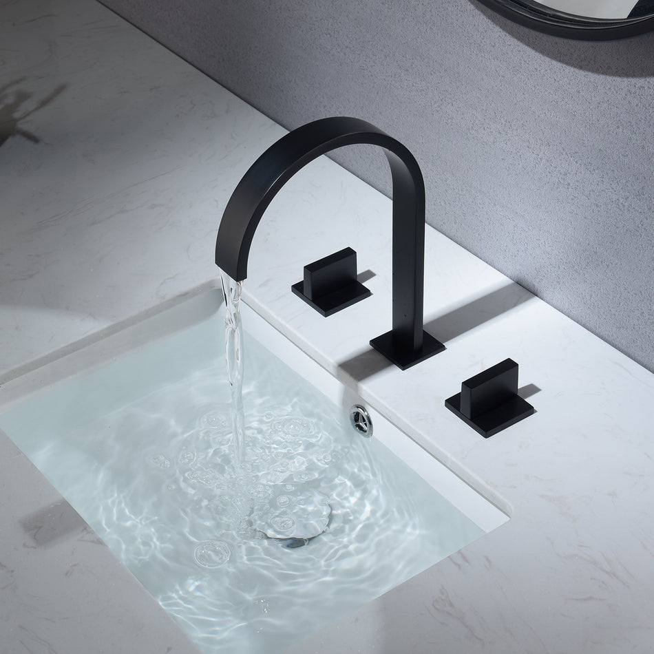 Matt Black waterfall three holes two handle bathroom basin faucet with pop up overflow brass drain