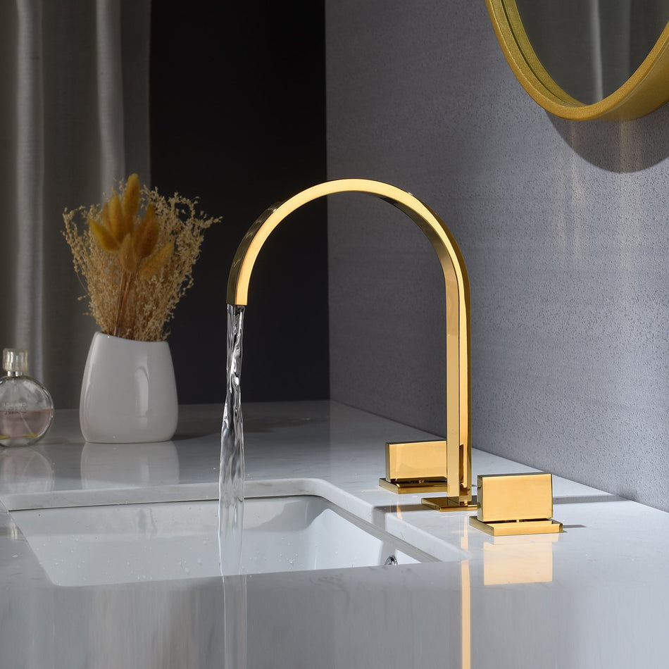 Polished Gold waterfall three holes two handle bathroom basin faucet with pop up overflow brass drain