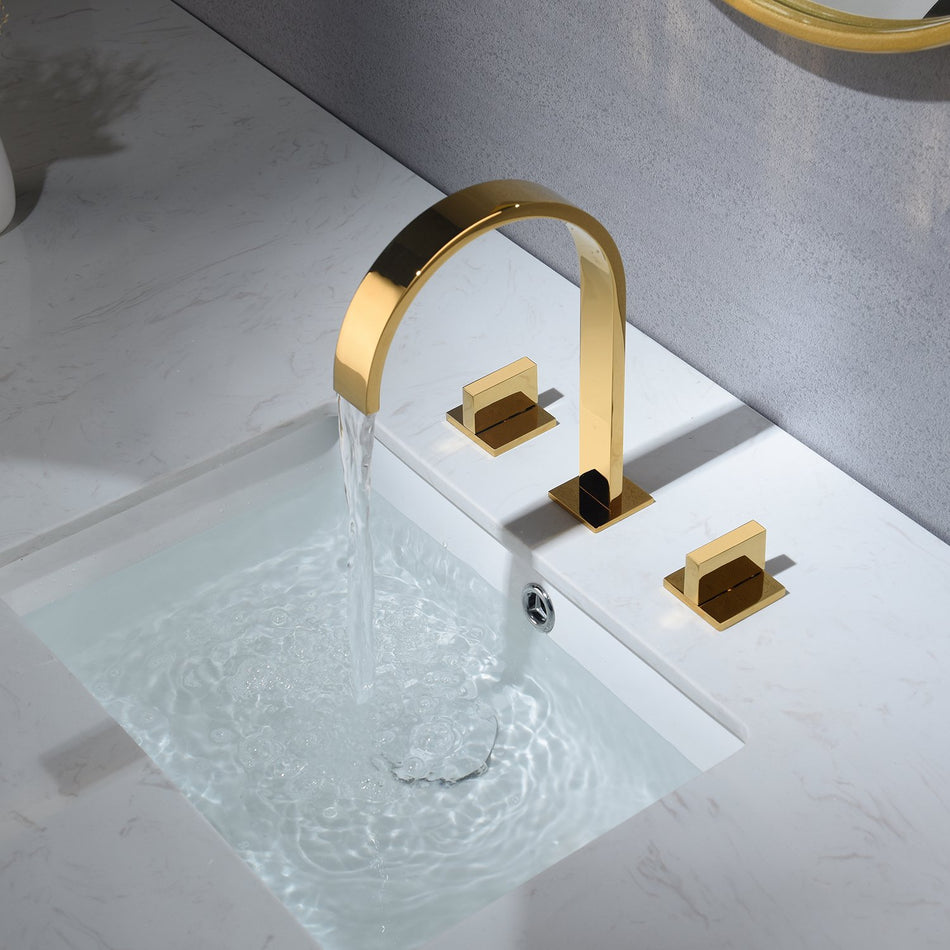 Polished Gold waterfall three holes two handle bathroom basin faucet with pop up overflow brass drain