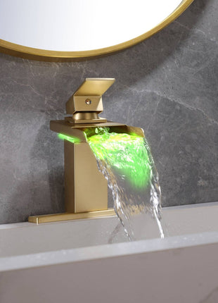 Brushed Gold Waterfall 3 LED Lights Single Handle Bathroom Sink Faucet with Cover and Pop Up Brass Overflow Drain