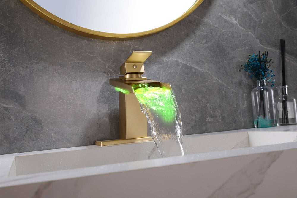 
                  
                    Brushed Gold Waterfall 3 LED Lights Single Handle Bathroom Sink Faucet with Cover and Pop Up Brass Overflow Drain
                  
                