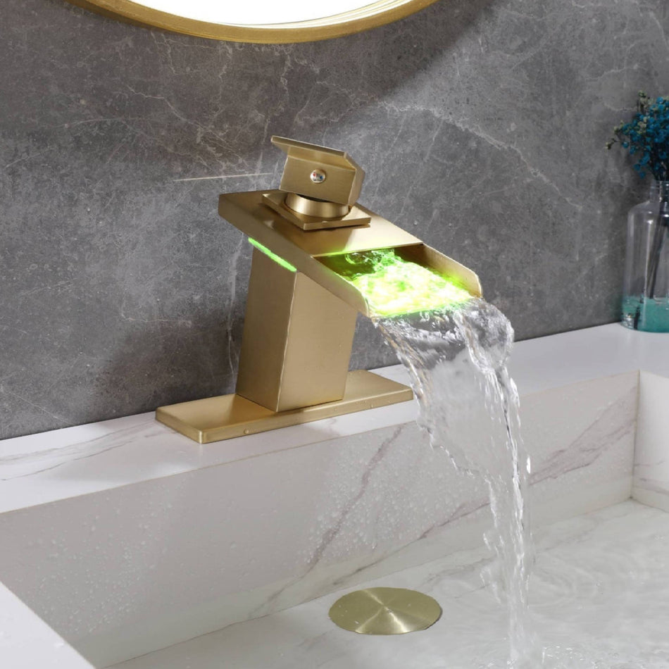 Brushed Gold Waterfall 3 LED Lights Single Handle Bathroom Sink Faucet with Cover and Pop Up Brass Overflow Drain