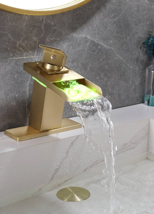 Brushed Gold Waterfall 3 LED Lights Single Handle Bathroom Sink Faucet with Cover and Pop Up Brass Overflow Drain