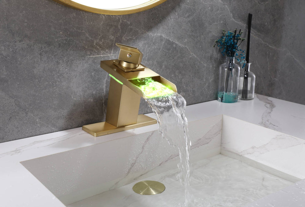 
                  
                    Brushed Gold Waterfall 3 LED Lights Single Handle Bathroom Sink Faucet with Cover and Pop Up Brass Overflow Drain
                  
                