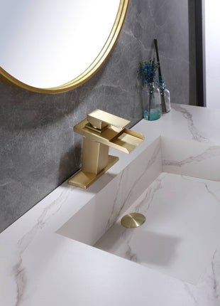 Brushed Gold Waterfall 3 LED Lights Single Handle Bathroom Sink Faucet with Cover and Pop Up Brass Overflow Drain