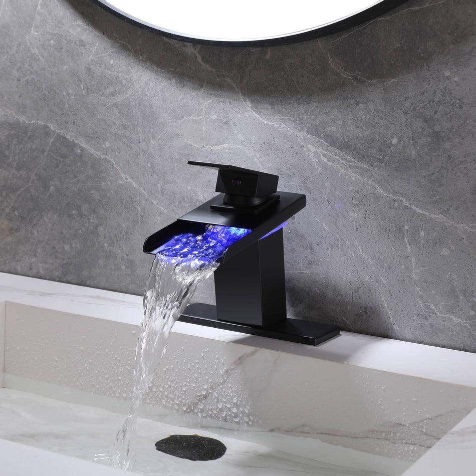 Matte Black Waterfall 3 Color LED Lights Single Handle Bathroom Sink Faucet Set with Cover And Pop Up Brass Overflow Drain