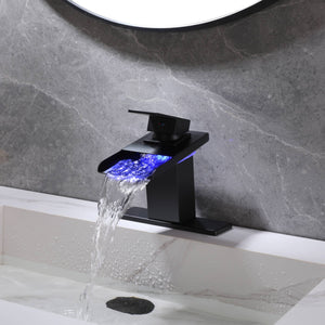 
                  
                    Matte Black Waterfall 3 Color LED Lights Single Handle Bathroom Sink Faucet Set with Cover And Pop Up Brass Overflow Drain
                  
                