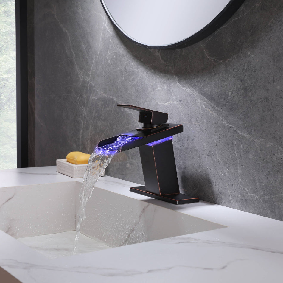 Oil Rubbered Bronze Single Handle Single Hole 3 LED Light Mixer Widespread Waterfall bathroom sink Faucet with drain