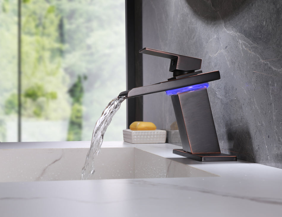 Oil Rubbered Bronze Single Handle Single Hole 3 LED Light Mixer Widespread Waterfall bathroom sink Faucet with drain