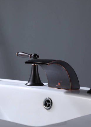 Oil Rubbed Bronze Waterfall Widespread Bathroom 3 holes two handles Sink Faucet with brass pop up drain