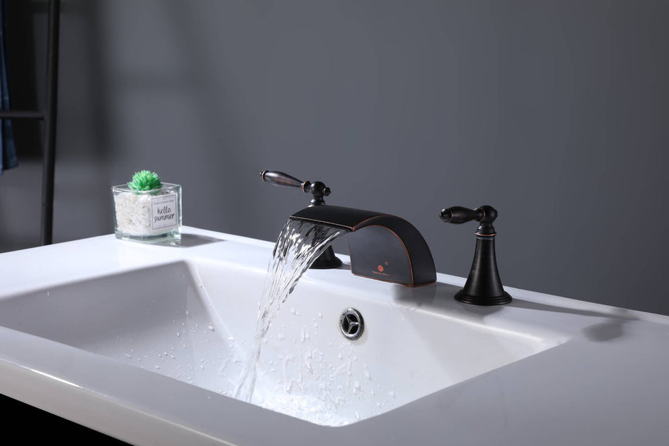 Oil Rubbed Bronze Waterfall Widespread Bathroom 3 holes two handles Sink Faucet with brass pop up drain