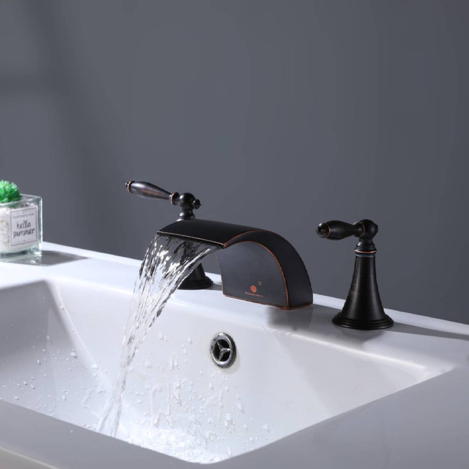 Oil Rubbed Bronze Waterfall Widespread Bathroom 3 holes two handles Sink Faucet with brass pop up drain
