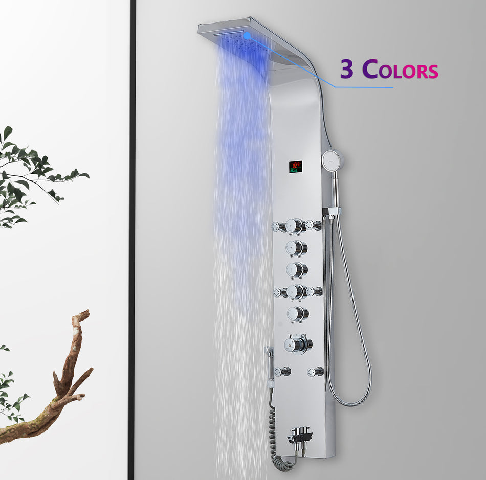 3 LED color Chrome 59'' Rain & Waterfall Tower Massage System each function work at the same time and separately